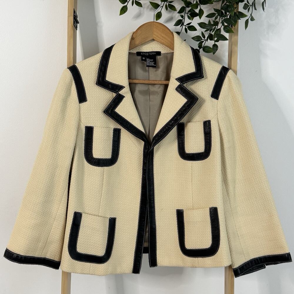 Etcetera Women’s Cream Black Leather Trim Classic Vintage Blazer Jacket Size 10